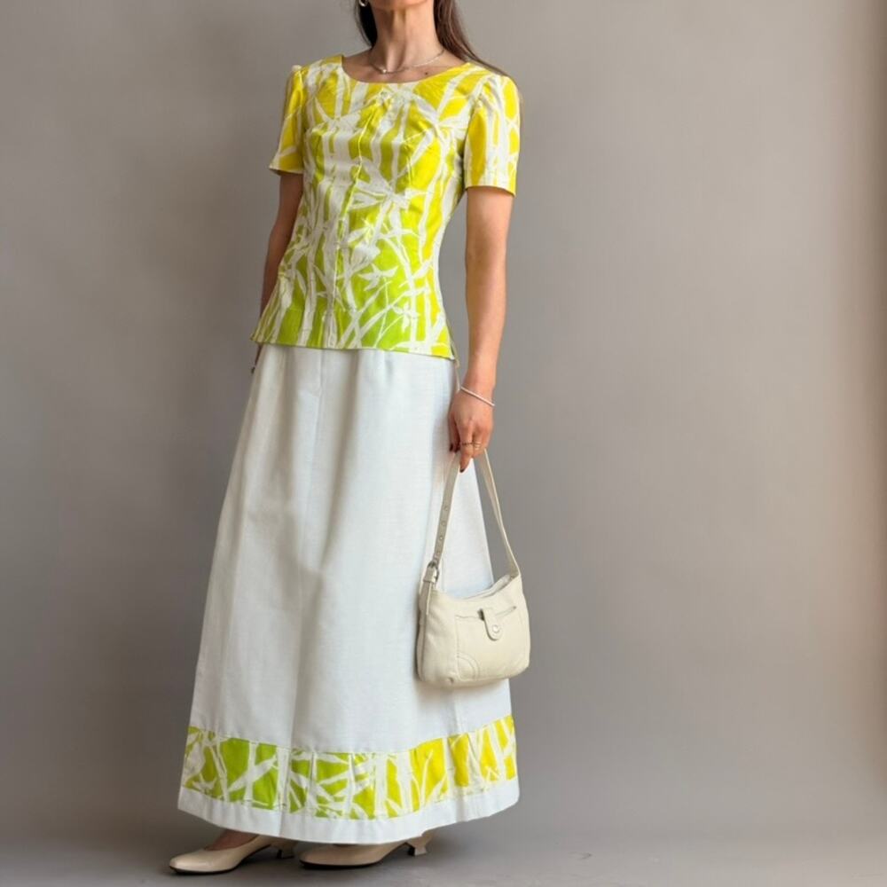 Vintage 70s/60s Hawaiian Skirt Set - Green & White Bamboo Print
